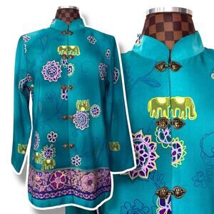 Maggie Sweet Aqua Elephant Blouse Womens Size Small Vintage Funky Hippie Shirt